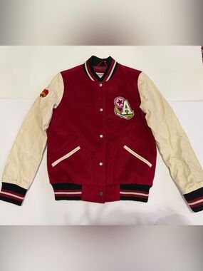 Arizona Jean Company Red and Cream Letterman Bomber Jacket